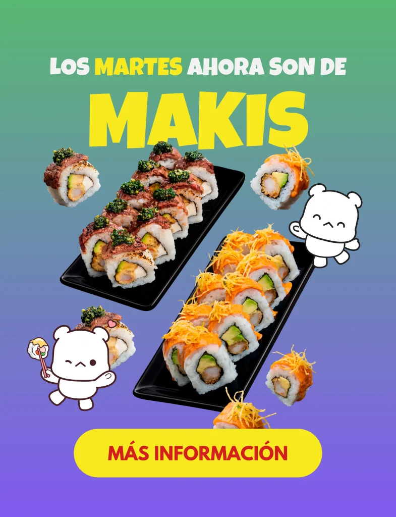 Si como lo vez, los MARTES ahora son de MAKIS en Yuuki. ¡Ven y disfruta de nuestra variedad de Makis que tenemos para ti!